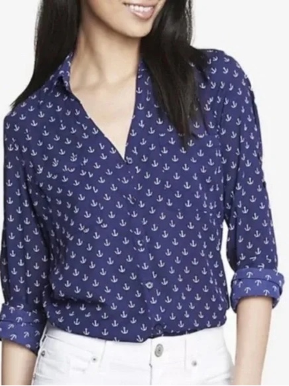 Express XS The Portofino Shirt Navy Blue Anchor Print Nautical Button Down Top